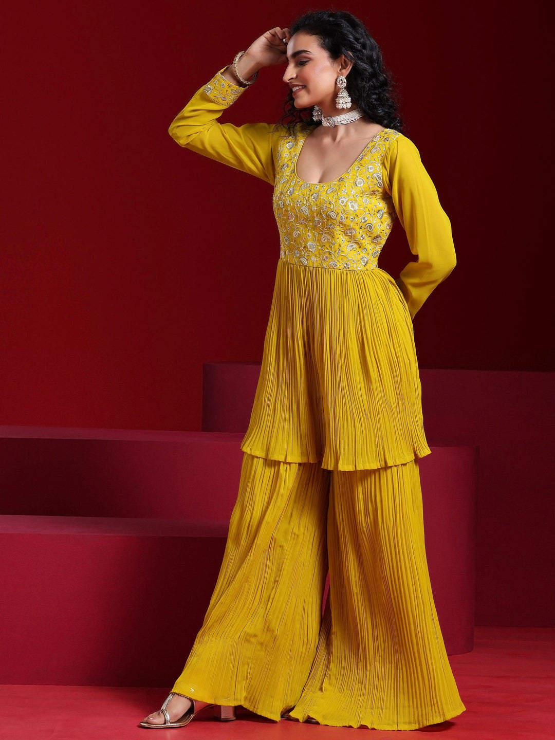 Libas Art Mustard Embroidered Georgette A-Line Kurta With Sharara & Dupatta - Libas 