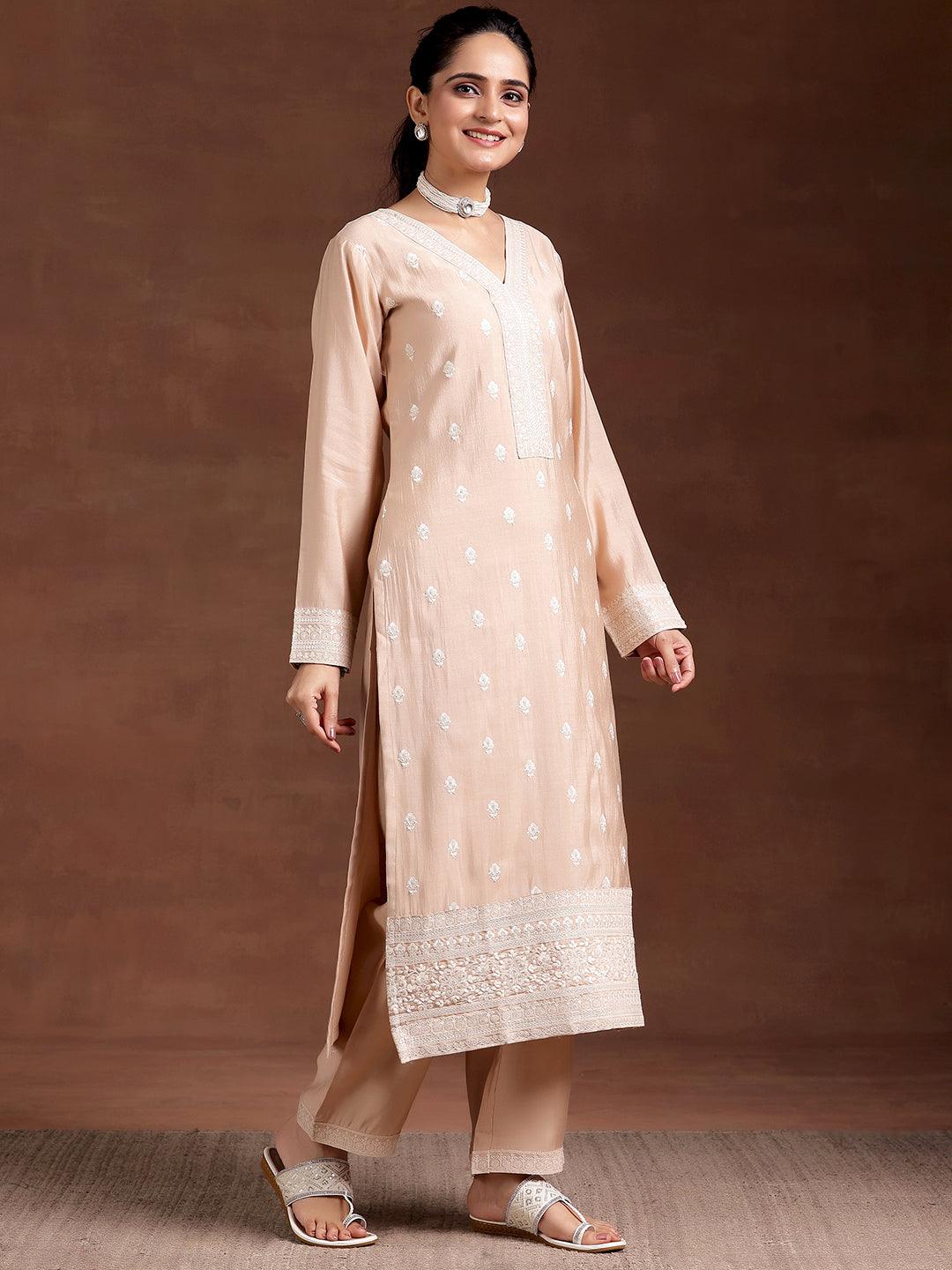 Beige Embroidered Silk Blend Straight Suit With Dupatta - Libas