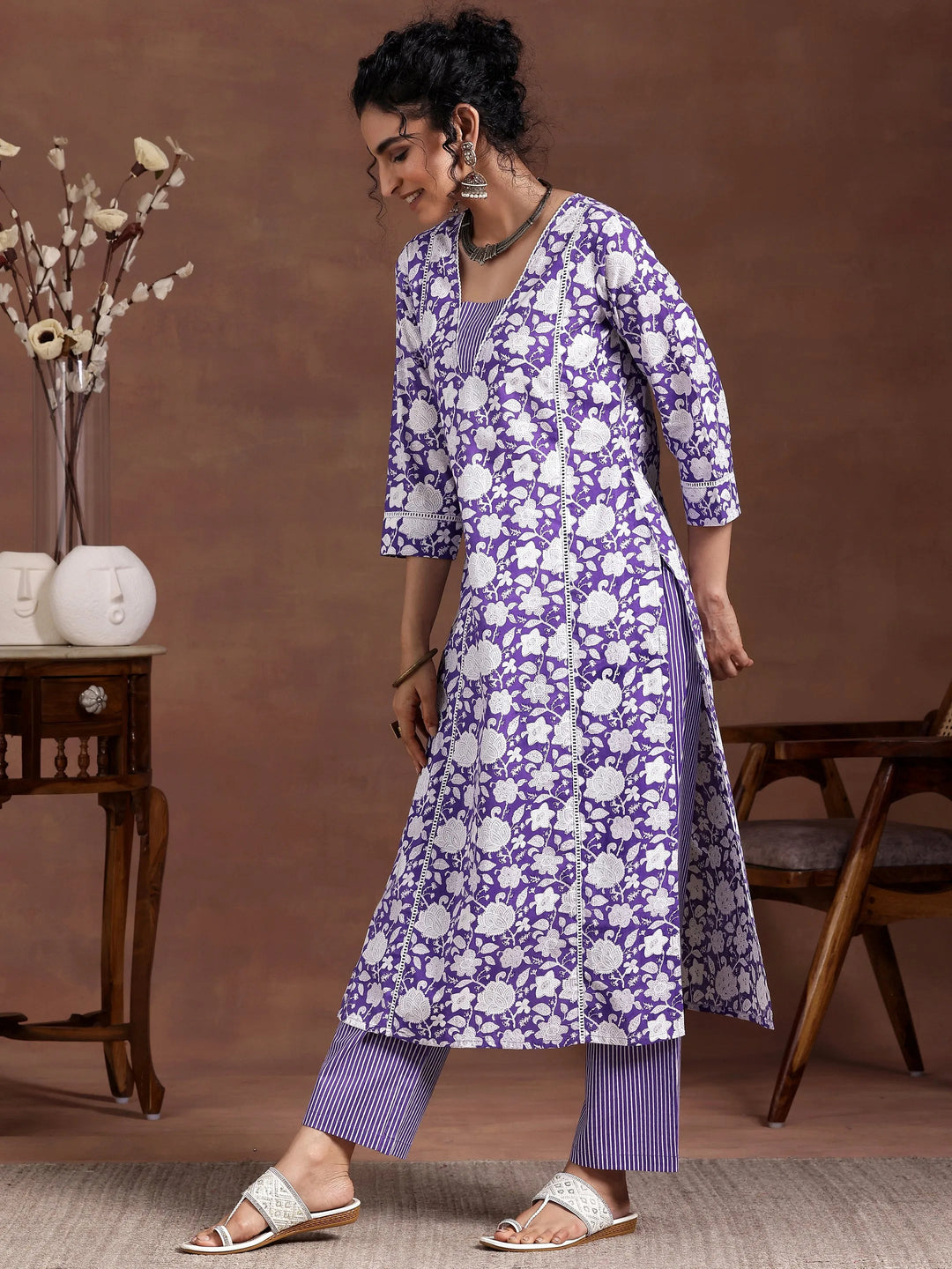  Purple Printed Cotton Straight Kurta Set 