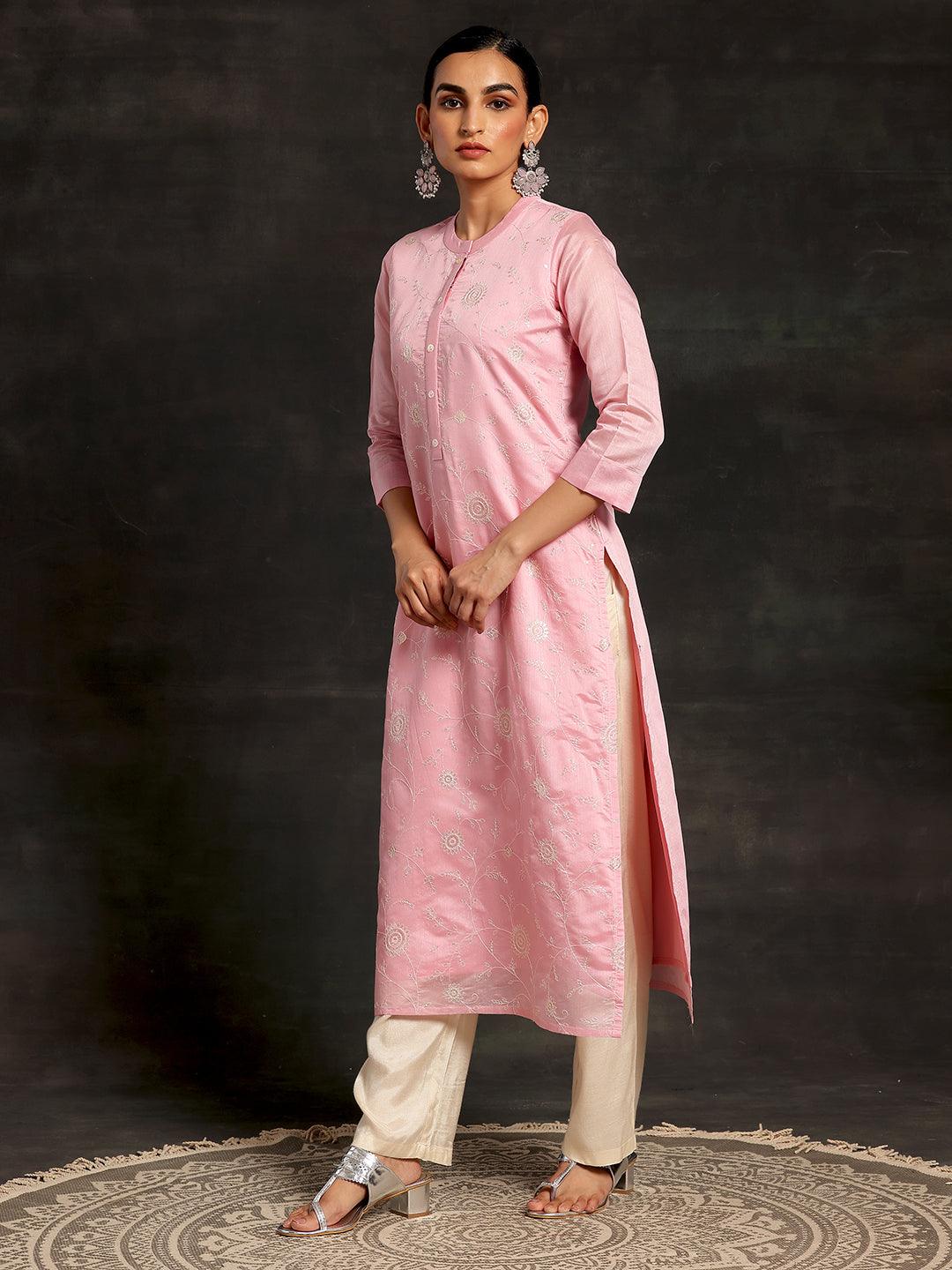 Pink Embroidered Chanderi Silk Straight Kurta - Libas