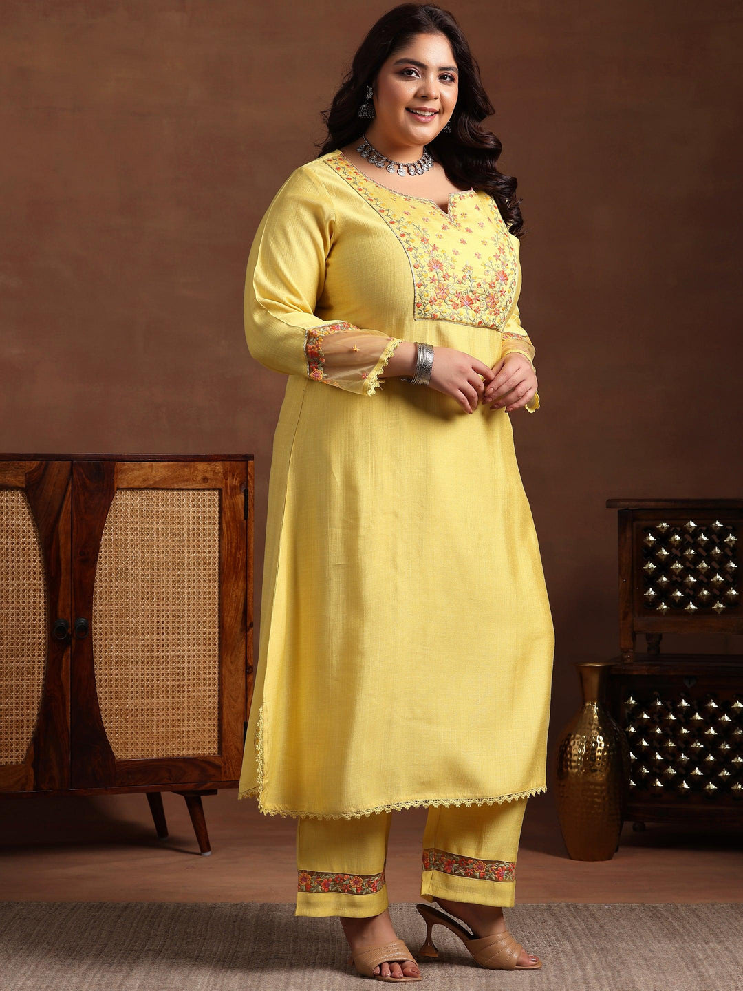 Plus Size Yellow Yoke Design Silk Blend Straight Suit With Dupatta - Libas