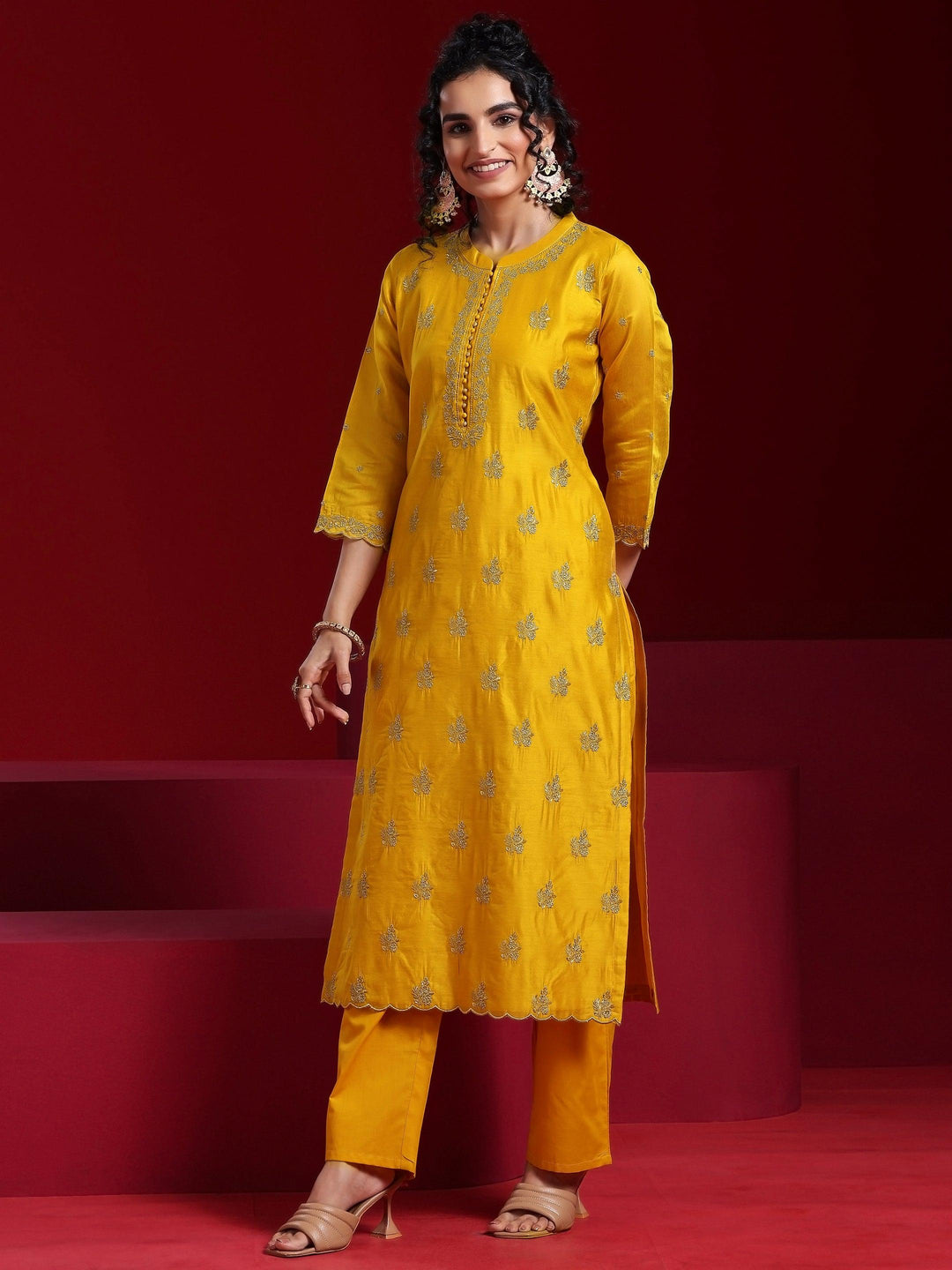 Libas Art Mustard Embroidered Chanderi Silk Straight Suit With Dupatta - Libas 