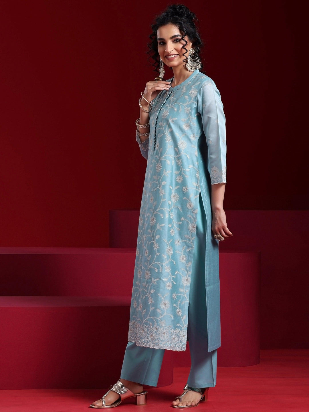 Libas Art Blue Embroidered Chanderi Silk Straight Suit With Dupatta - Libas