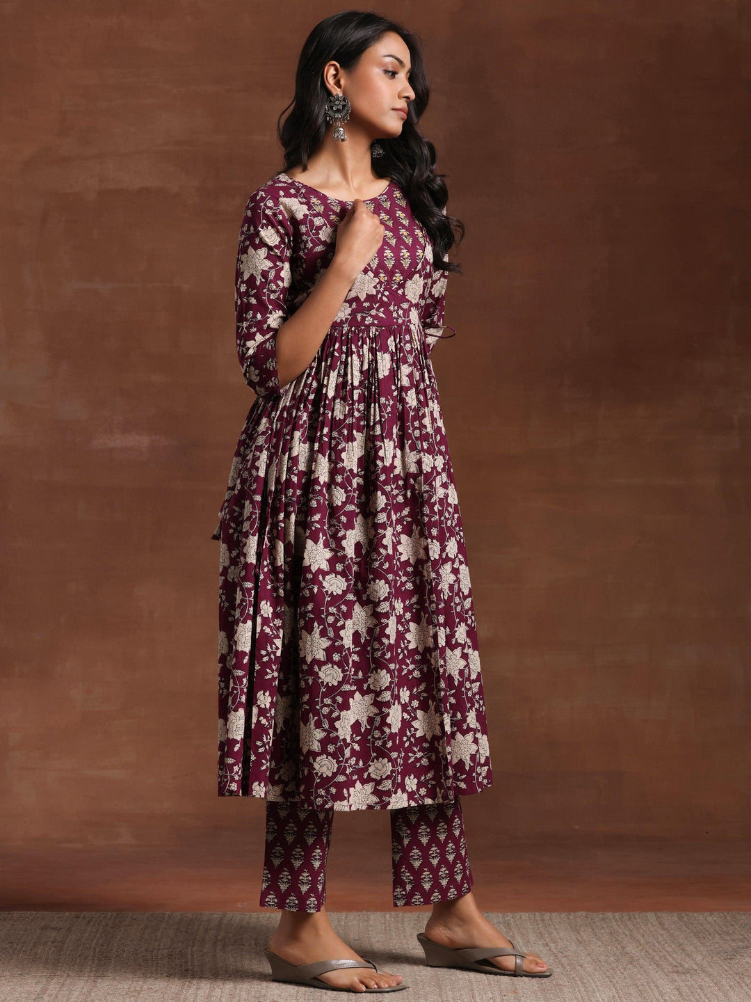 Wine Printed Pure Cotton Anarkali Suit With Dupatta - Libas