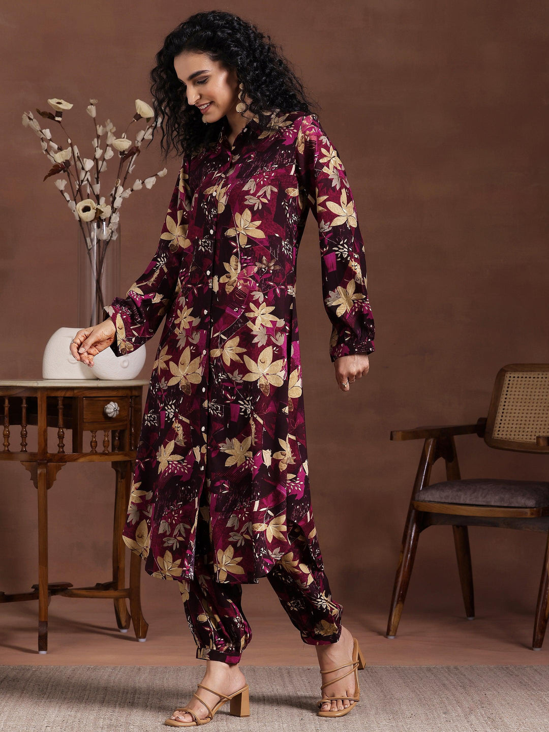 Wine Printed Silk Blend Co-Ords - Libas 