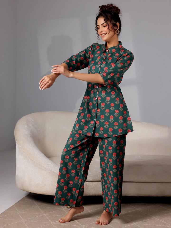 Green Printed Cotton Night Suits - Libas