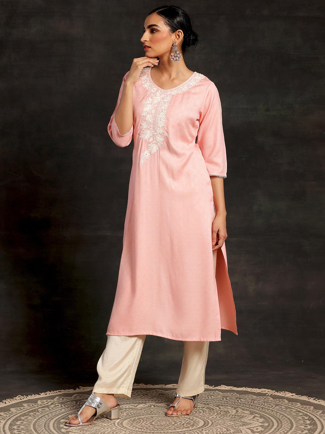 Pink Yoke Design Rayon Straight Kurta - Libas 