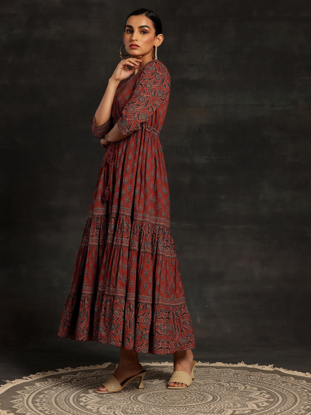 Maroon Printed Cotton A-Line Dress - Libas