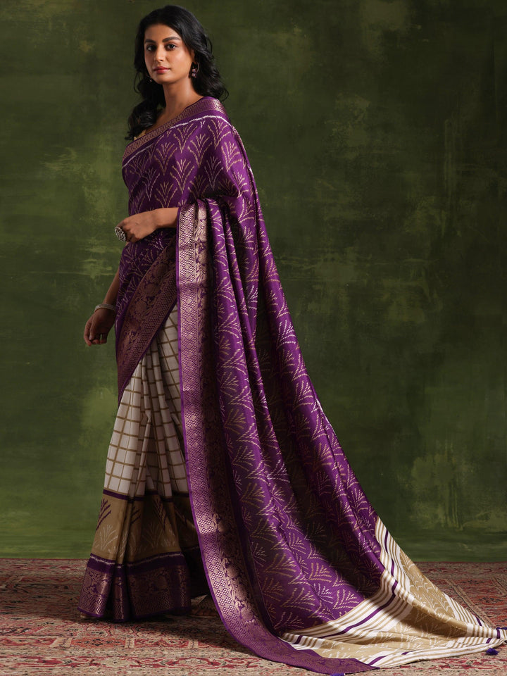 Purple Printed Silk Blend Saree With Unstitched Blouse Piece - Libas