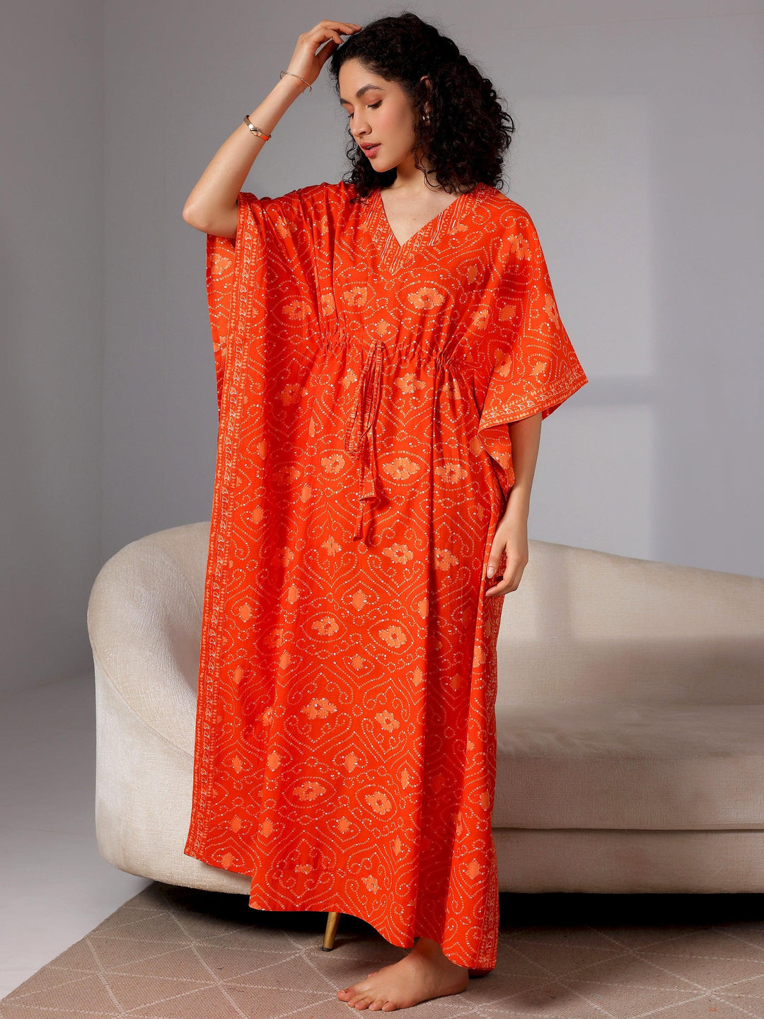 Orange Printed Cotton Kaftan Night Dress - Libas