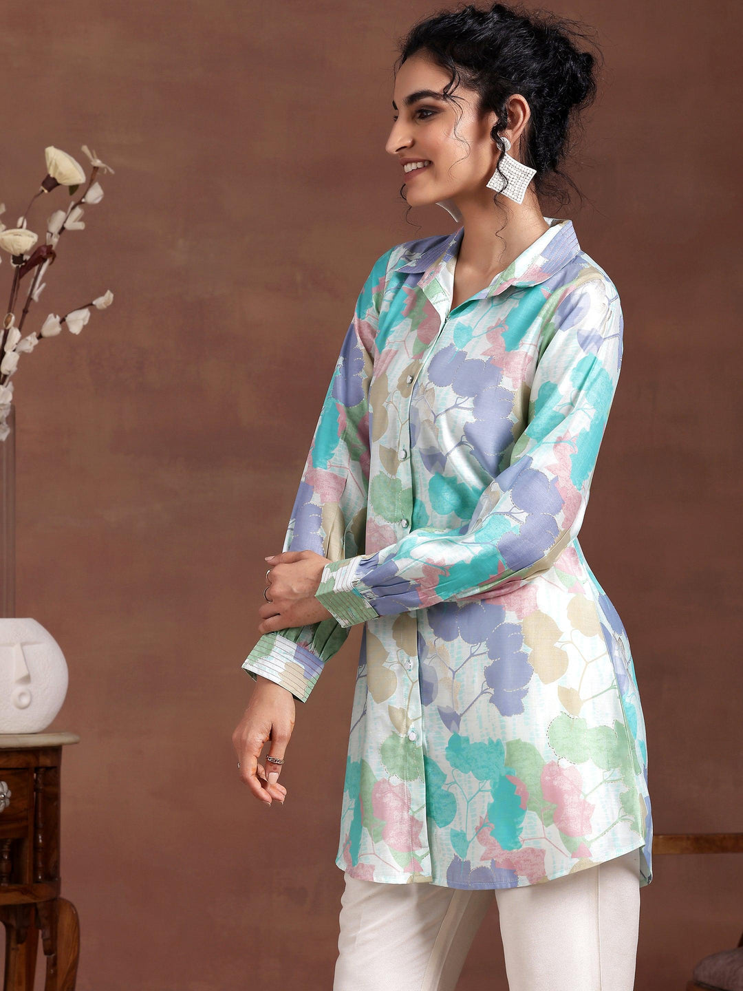 Green Printed Silk Blend Straight Kurti - Libas 