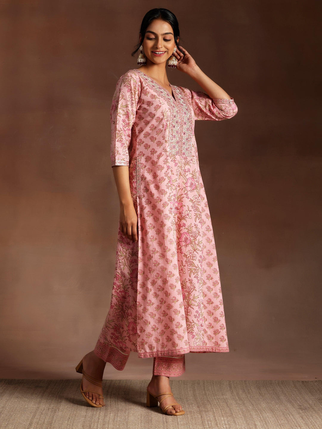 Mariyam Pink Printed Cotton A-Line Kurta With Palazzos & Dupatta - Libas 