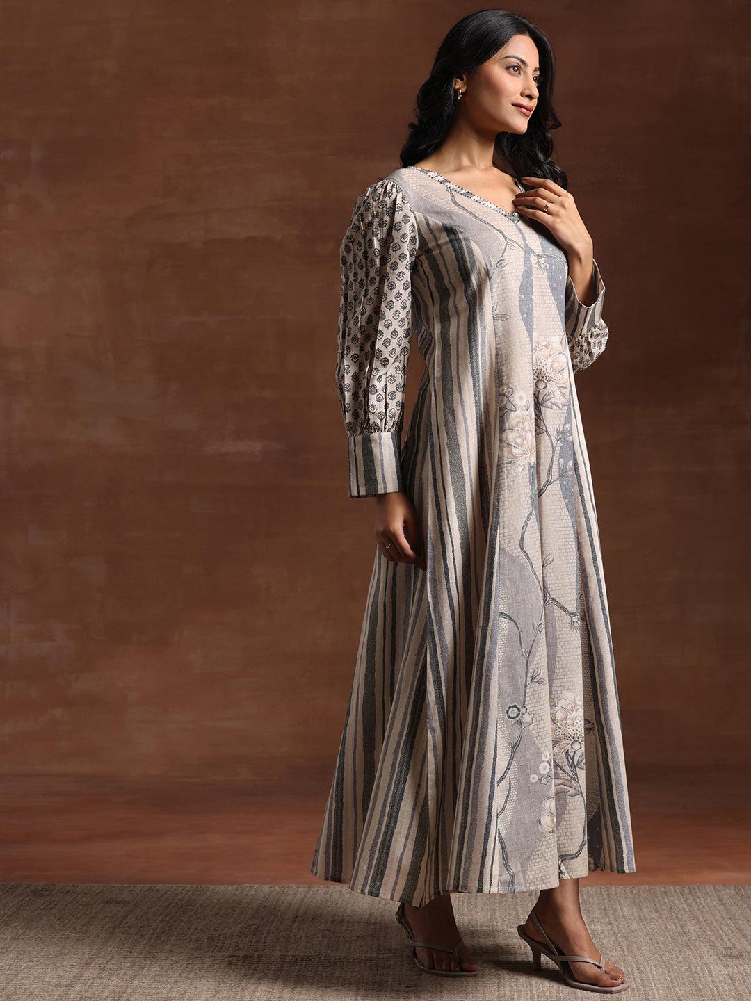 Off White Printed Linen A-Line Dress - Libas 