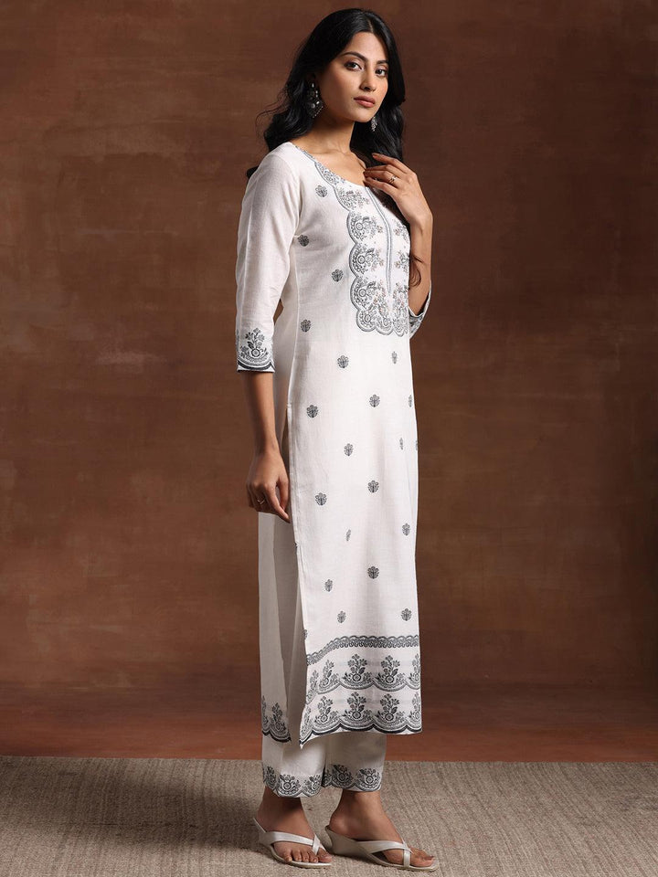 White Woven Design Cotton Straight Suit With Dupatta - Libas