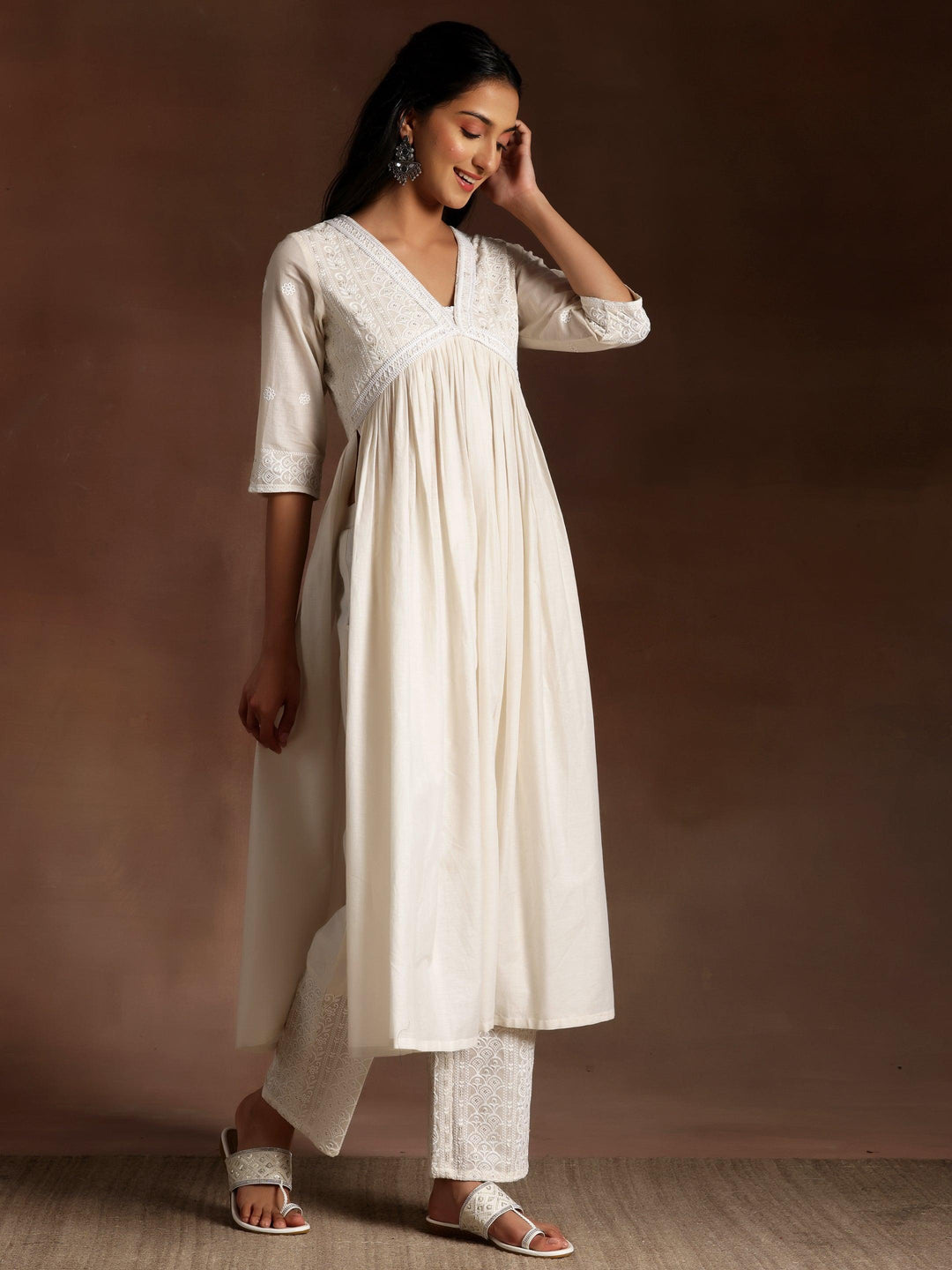 Alizeh Off white Embroidered Cotton A-Line Kurta With Palazzos & Dupatta - Libas 