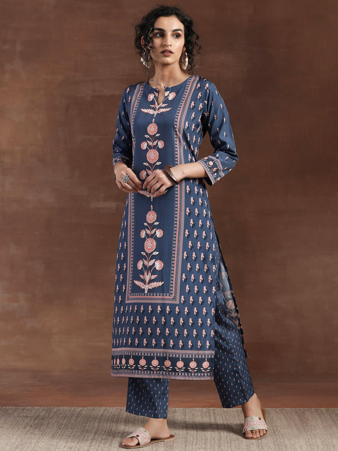 Blue Printed Poly Crepe Straight Kurta Set - Libas 