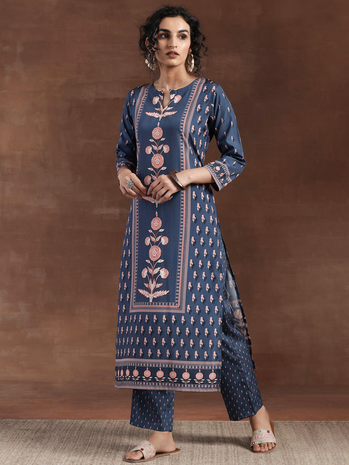 Blue Printed Poly Crepe Straight Kurta Set - Libas