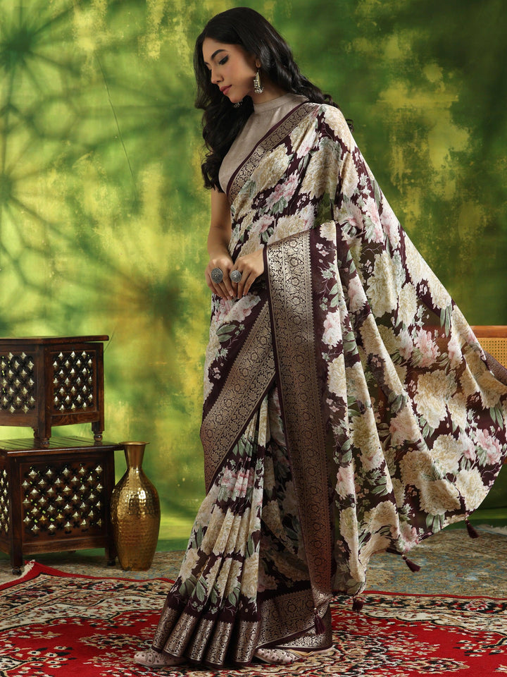 Wine Printed Silk Blend Saree With Unstitched Blouse Piece - Libas