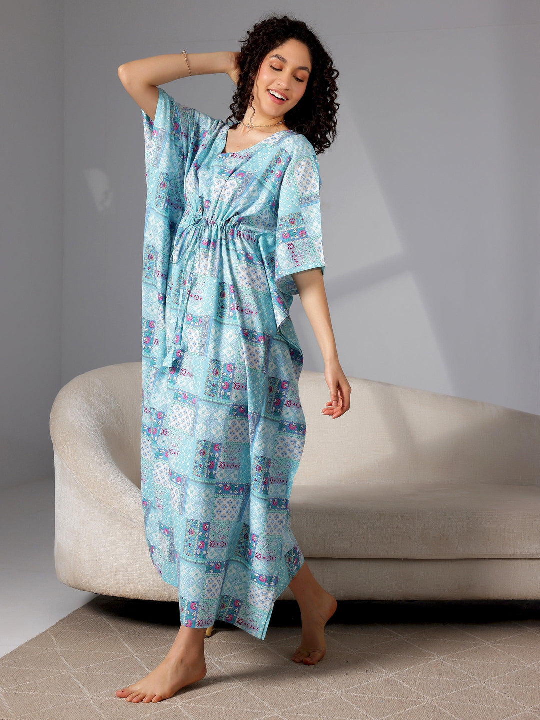 Blue Printed Cotton Kaftan Night Dress - Libas 