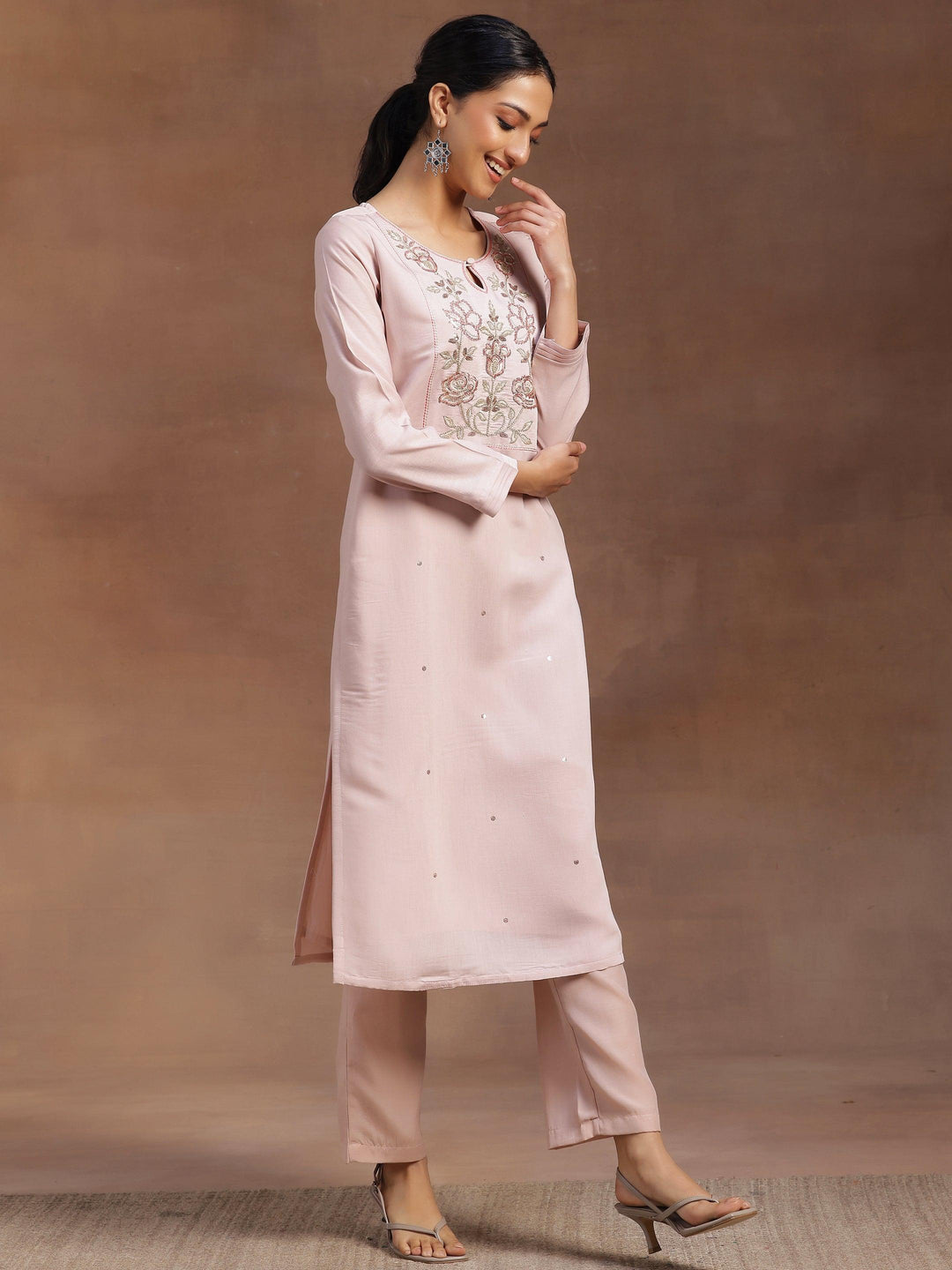 Peach Yoke Design Silk Blend Straight Suit With Dupatta - Libas