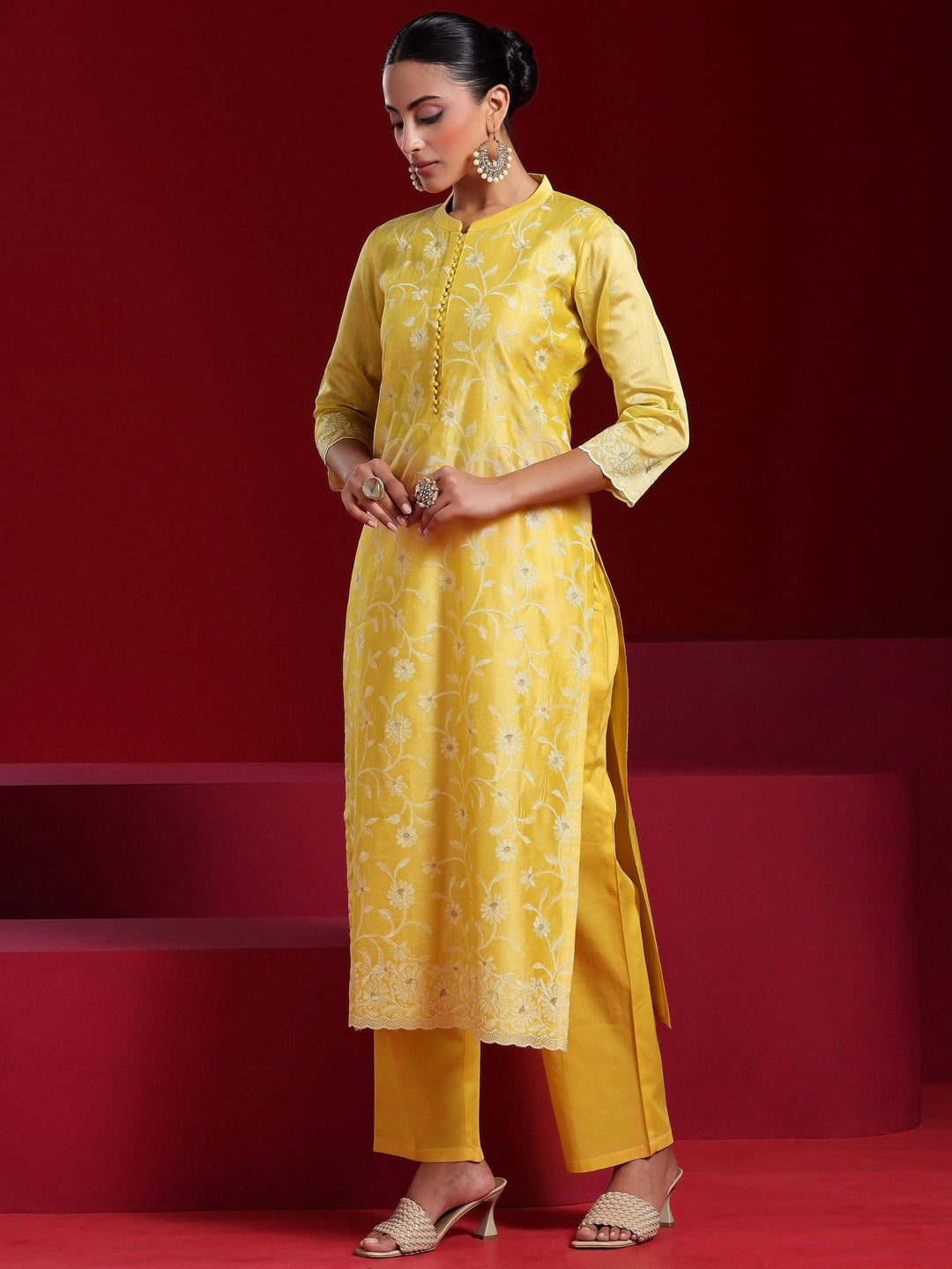 Libas Art Yellow Embroidered Chanderi Silk Straight Suit With Dupatta - Libas 