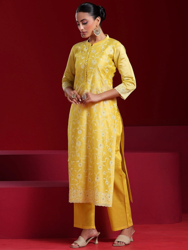 Libas Art Yellow Embroidered Chanderi Silk Straight Suit With Dupatta - Libas