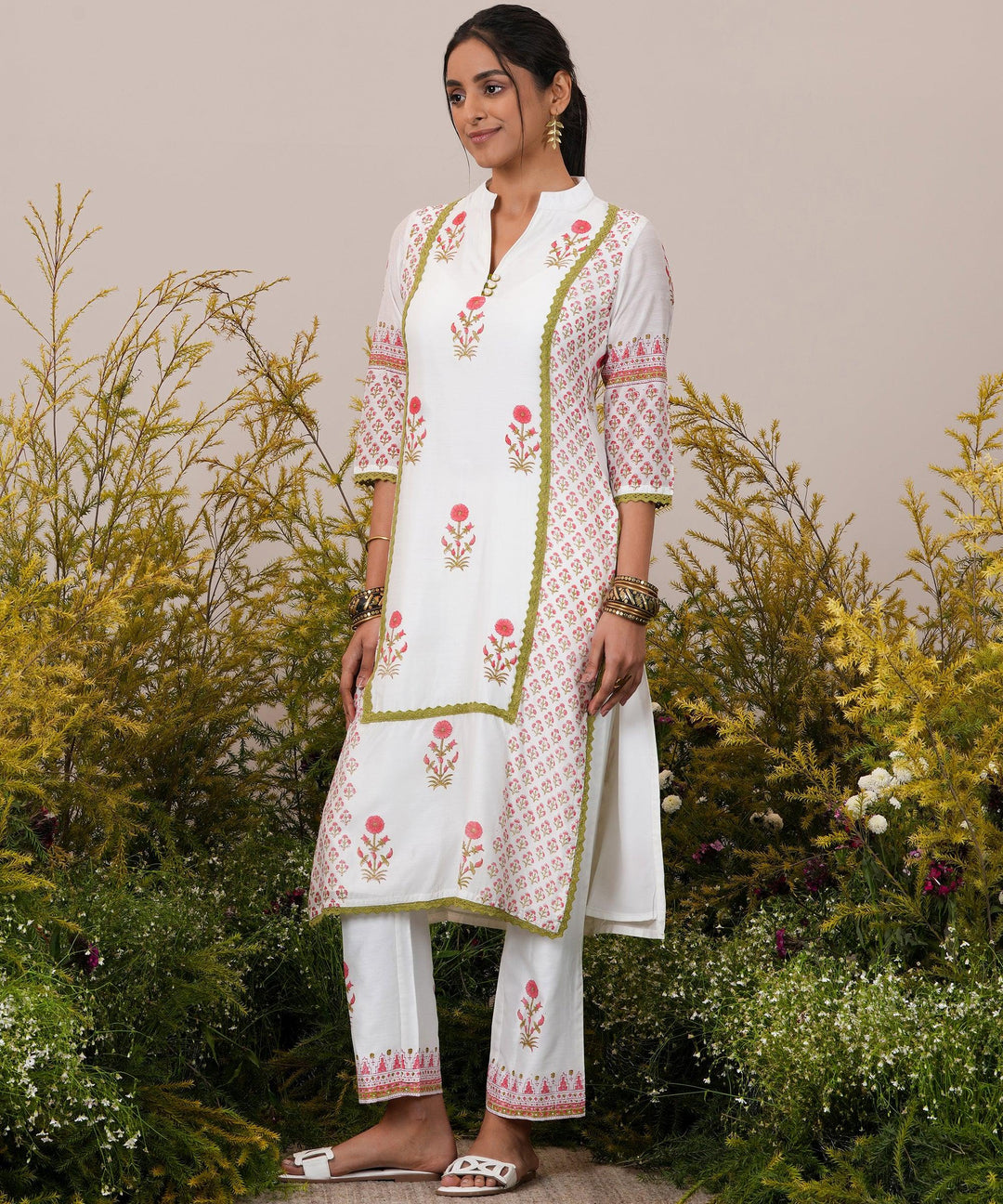 White Printed Chanderi Silk Straight Suit With Dupatta - Libas 