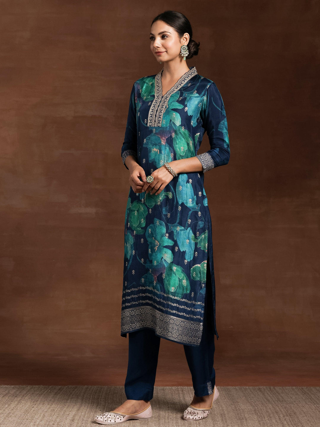 Blue Printed Silk Blend Straight Suit With Dupatta - Libas 