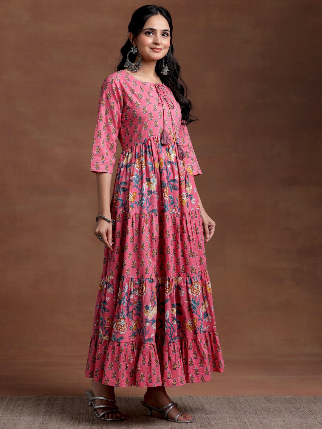 Pink Printed Cotton A-Line Dress - Libas 