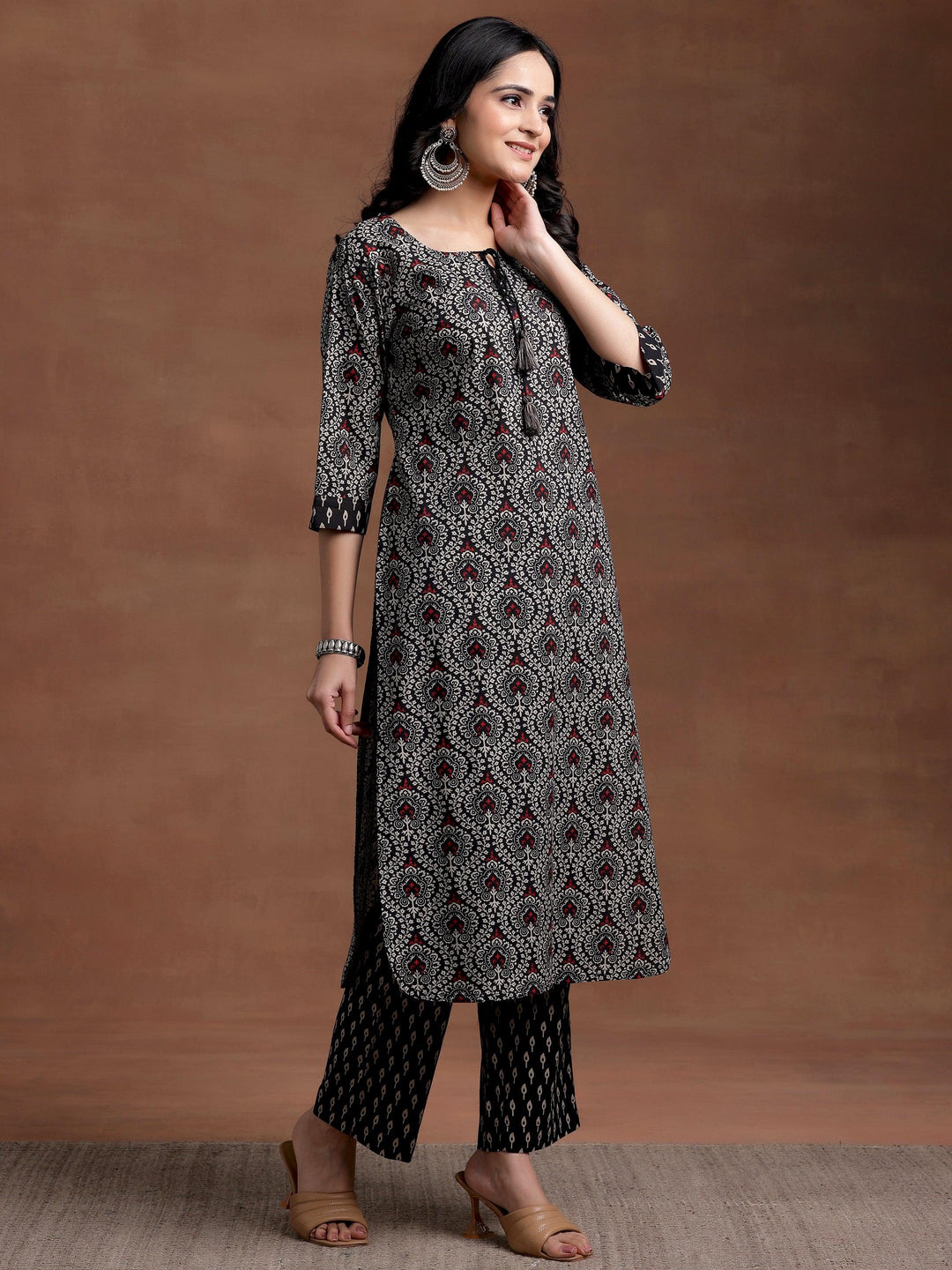 Black Printed Cotton Straight Kurta Set - Libas 