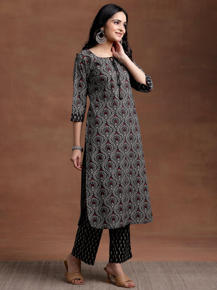 Black Printed Cotton Straight Kurta Set - Libas