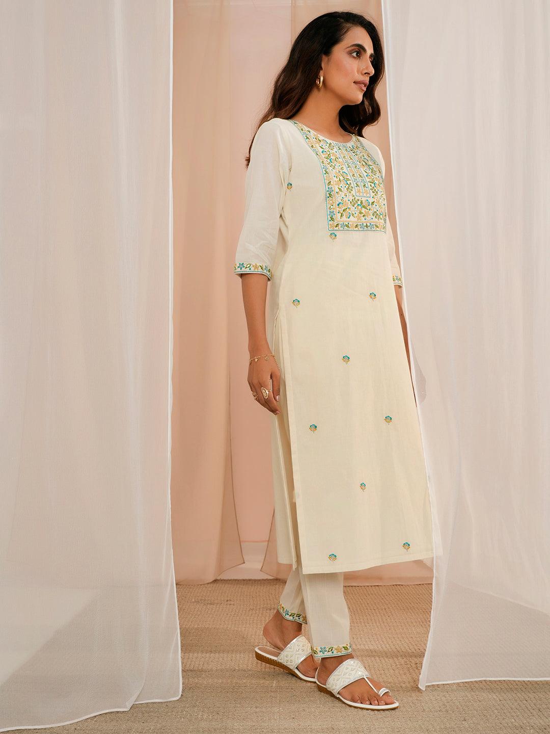 Off White Yoke Design Cotton Straight Suit With Dupatta - Libas 