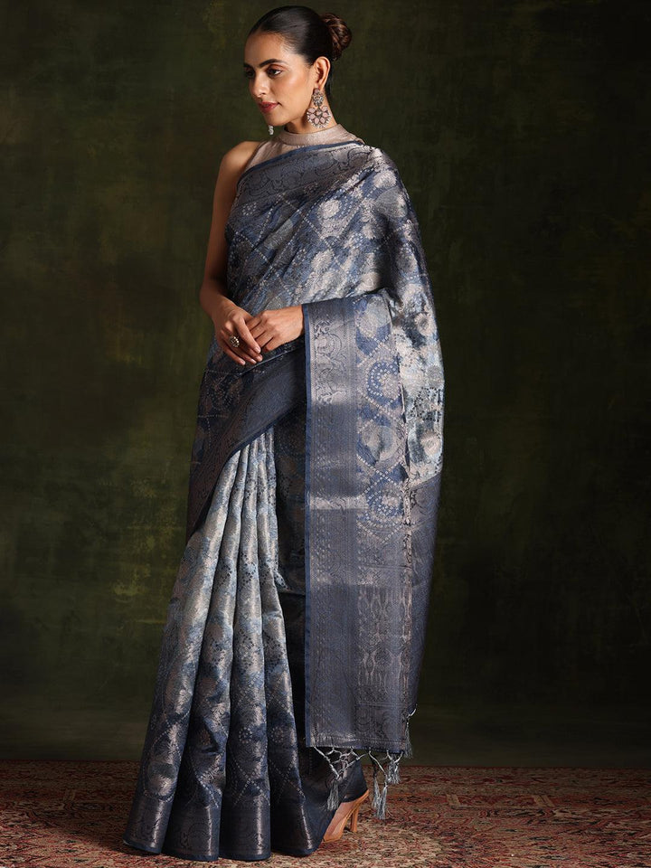 Blue Woven Design Brocade Saree With Unstitched Blouse Piece - Libas