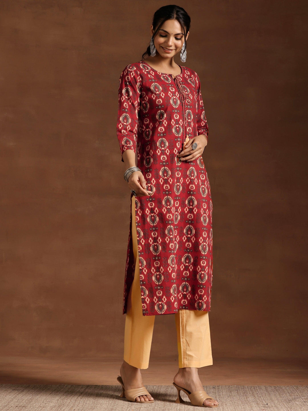 Maroon Printed Cotton Straight Suit With Dupatta - Libas 