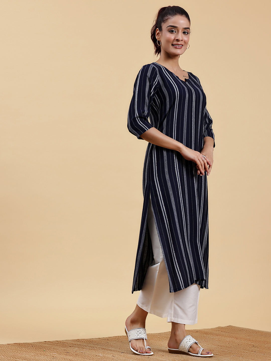  Navy Blue Woven Design Rayon Straight Kurta 