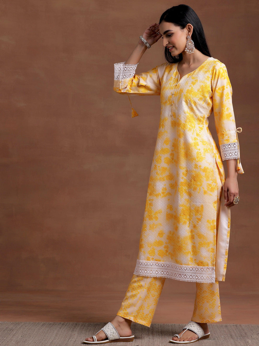 Yellow Embroidered Cotton Blend Straight Suit With Dupatta - Libas