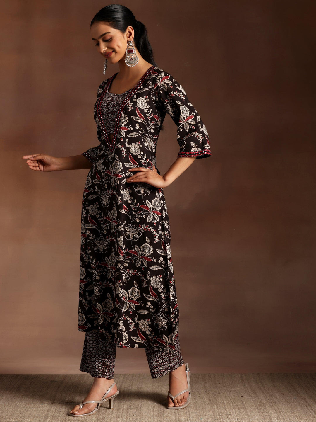 Black Printed Cotton A-Line Kurta With Palazzos - Libas 