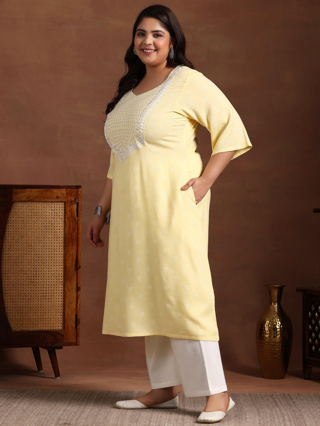 Plus Size Yellow Woven Design Rayon Straight Kurta - Libas 