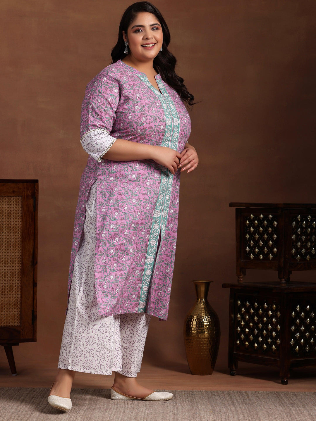 Plus Size Pink Printed Cotton Straight Suit With Dupatta - Libas