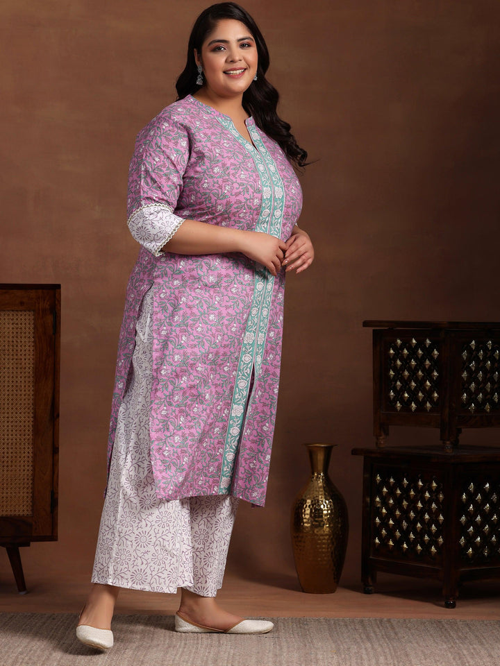 Plus Size Pink Printed Cotton Straight Suit With Dupatta - Libas