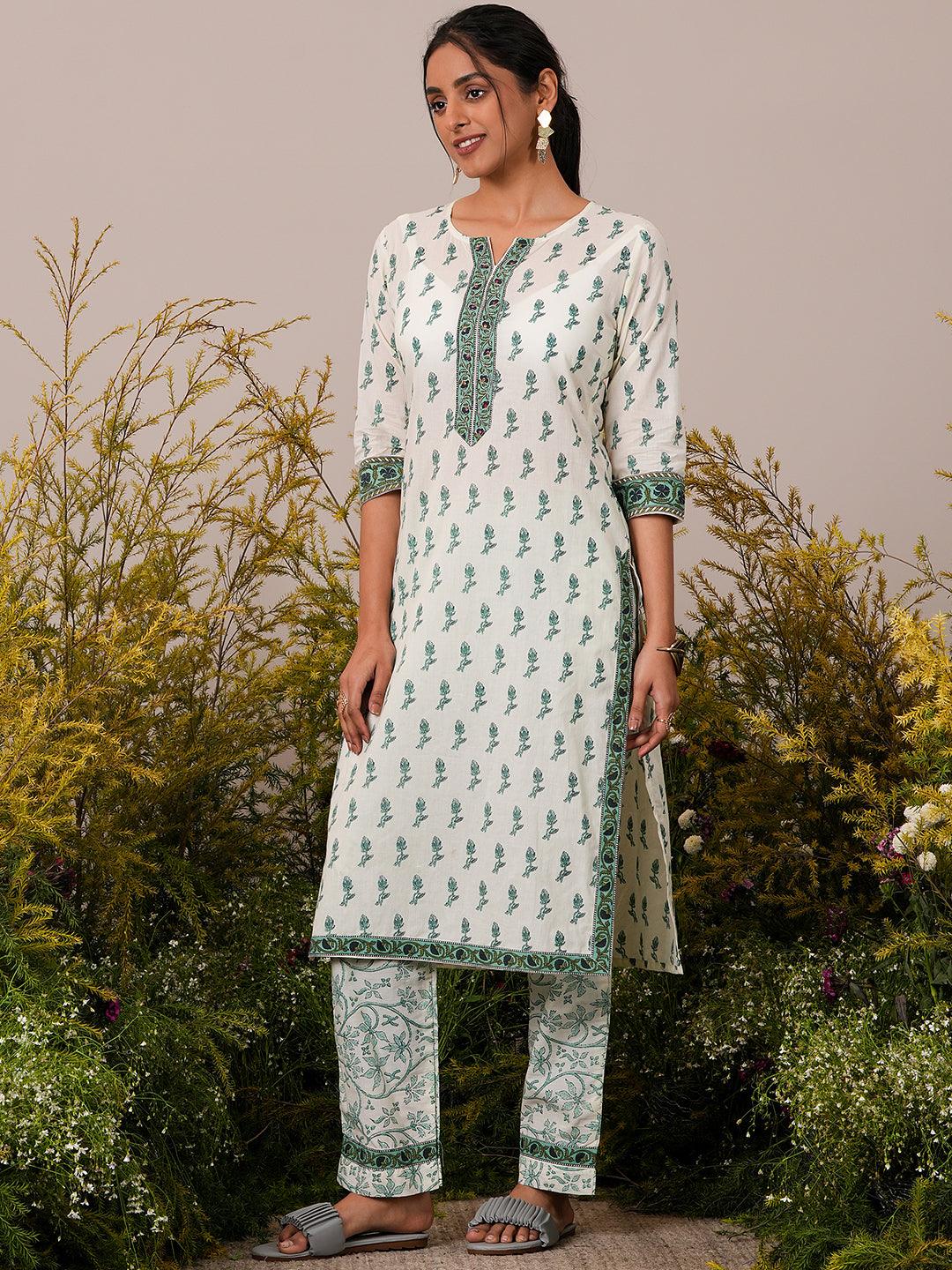 Off White Printed Cotton Straight Suit With Dupatta - Libas 