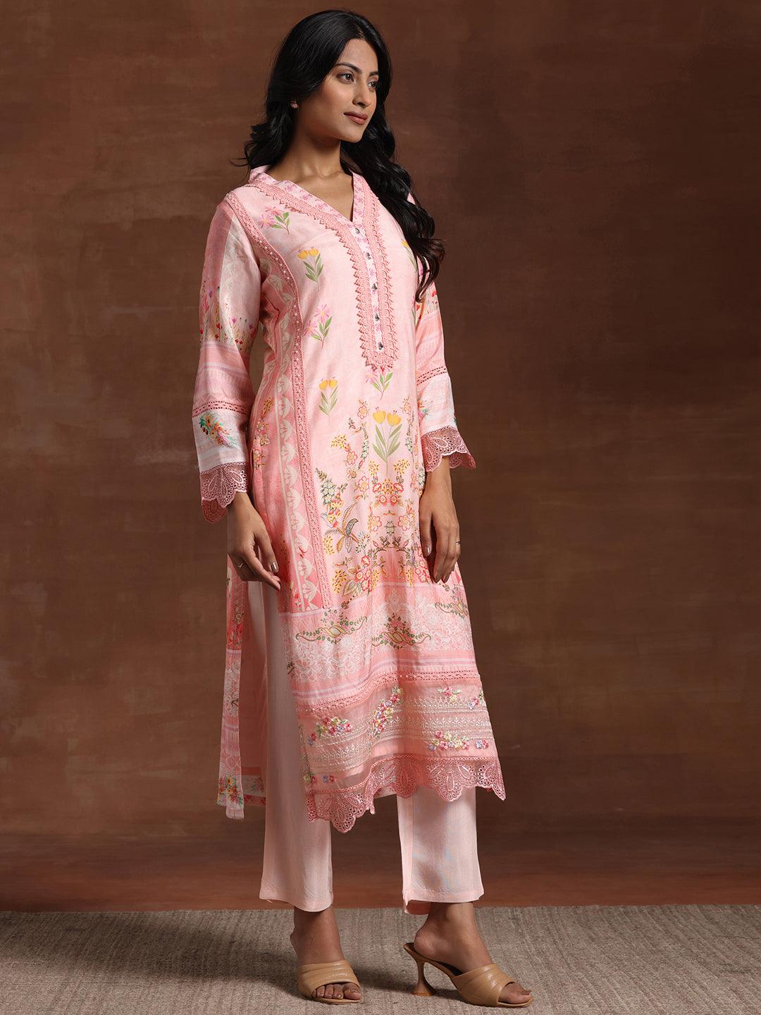 Pink Printed Silk Blend Straight Suit With Dupatta - Libas 