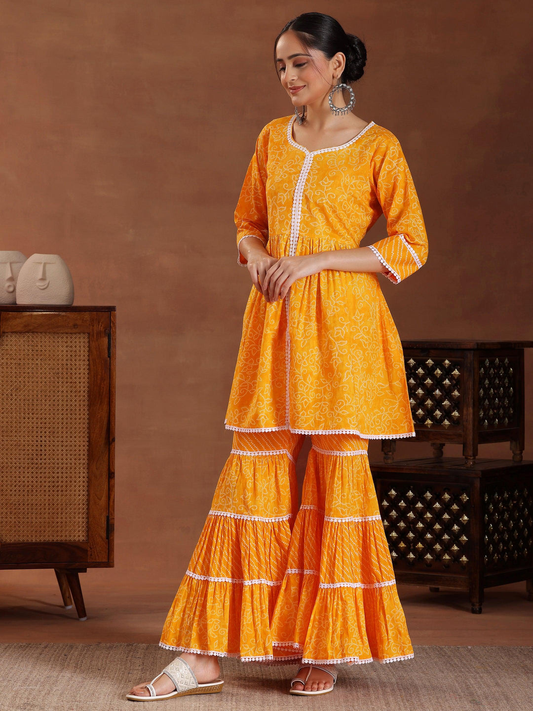 Mustard Printed Pure Cotton A-Line Kurti With Sharara & Dupatta - Libas 