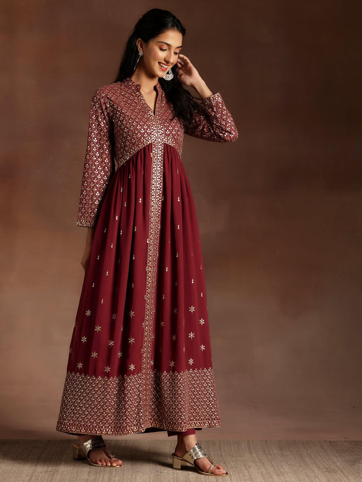 Mauve Embroidered Georgette A-Line Kurta With Trousers & Dupatta - Libas