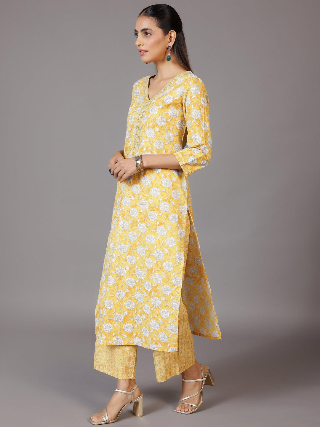 Yellow Printed Cotton Straight Suit With Dupatta - Libas 