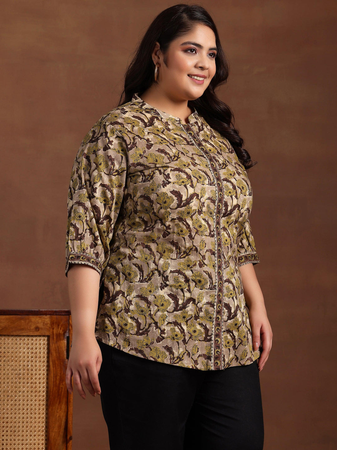 Plus Size Brown Printed Cotton Straight Kurti - Libas