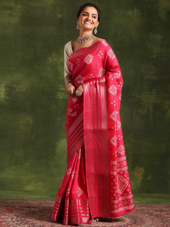 Pink Printed Silk Blend Saree With Unstitched Blouse Piece - Libas