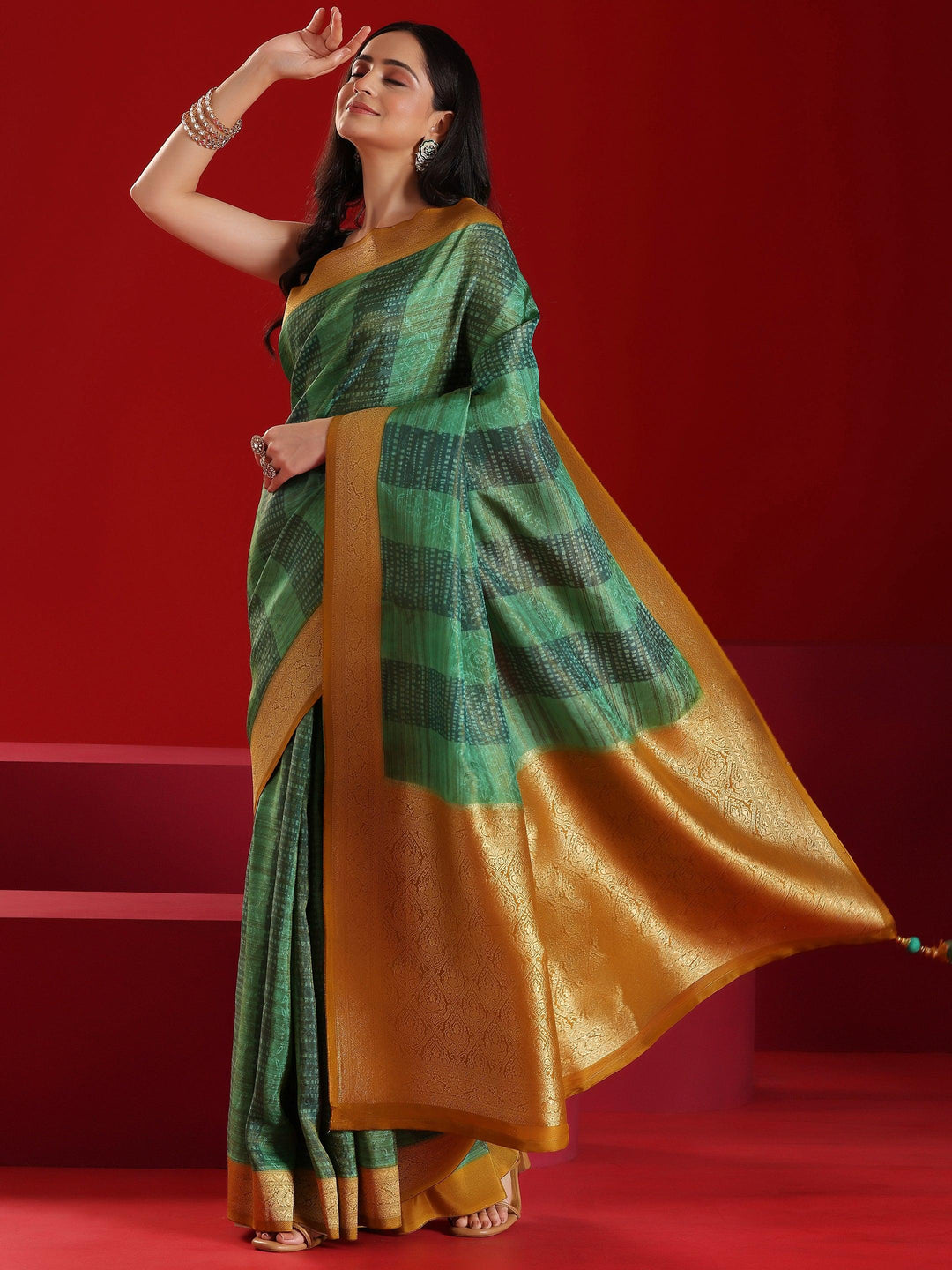 Libas Art Green Woven Design Satin Saree With Unstitched Blouse Piece - Libas 