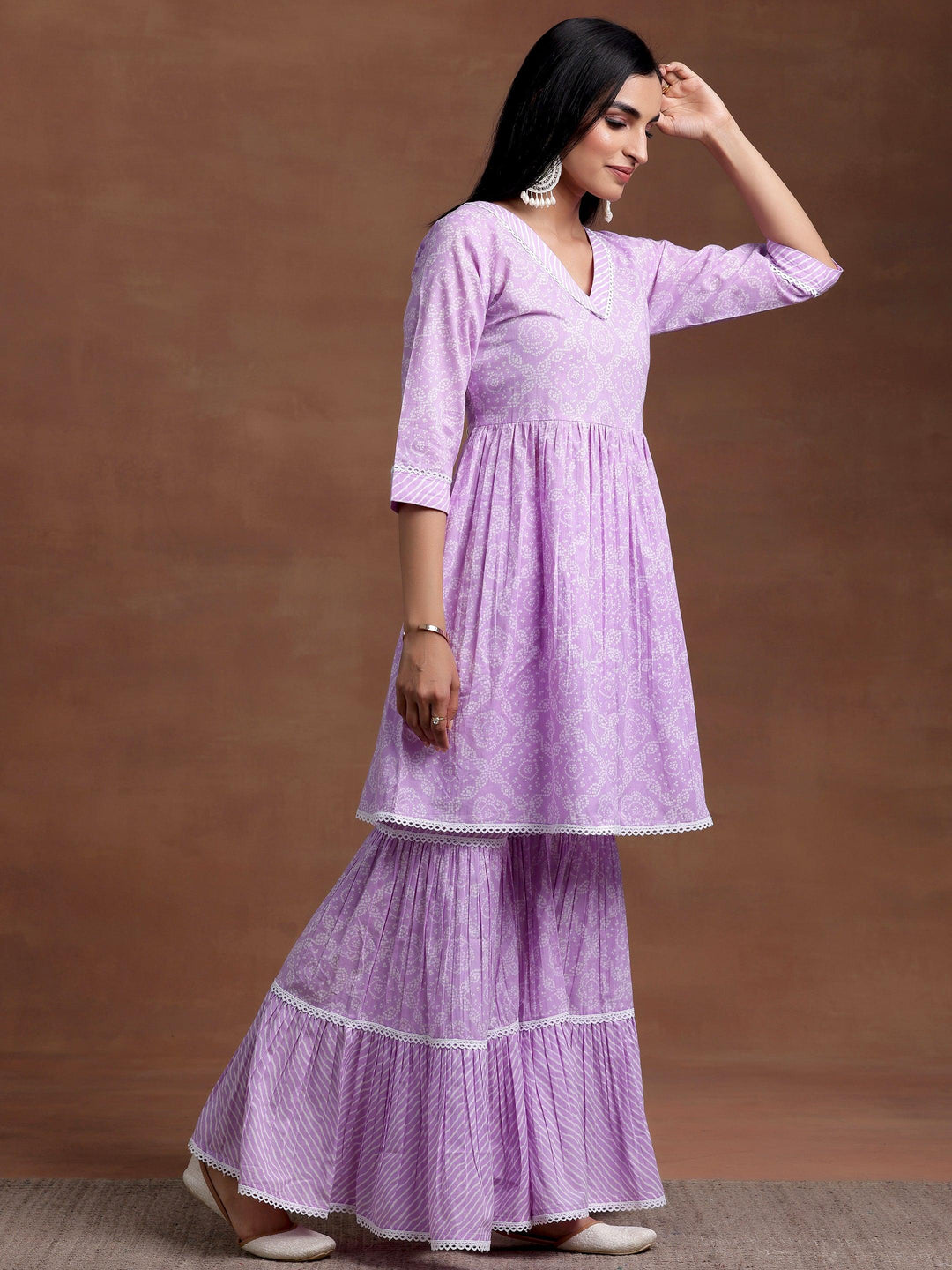 Purple Printed Cotton A-Line Kurta With Sharara & Dupatta - Libas 