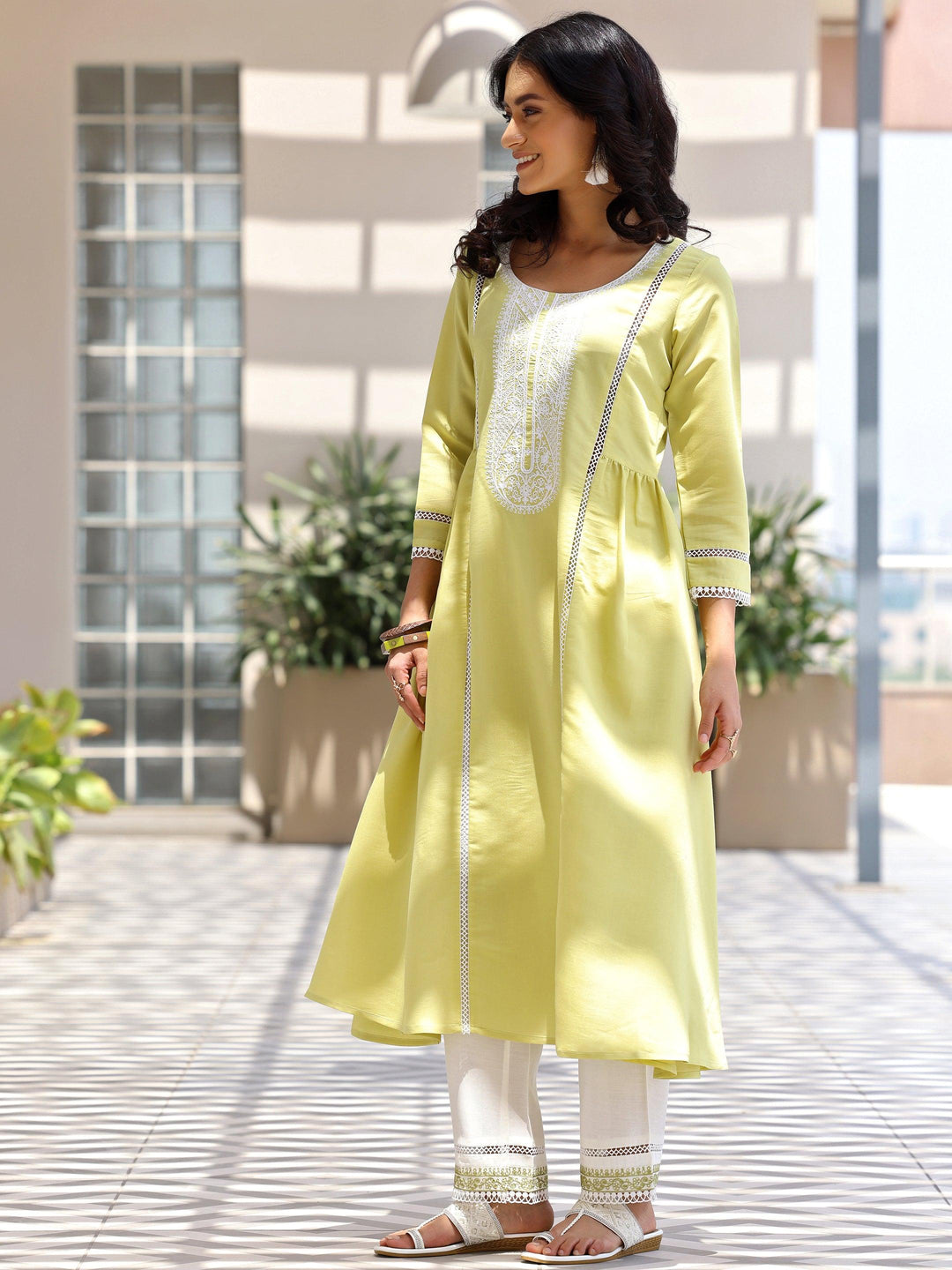 Green Embroidered Silk Blend A-Line Kurta With Trousers & Dupatta - Libas 